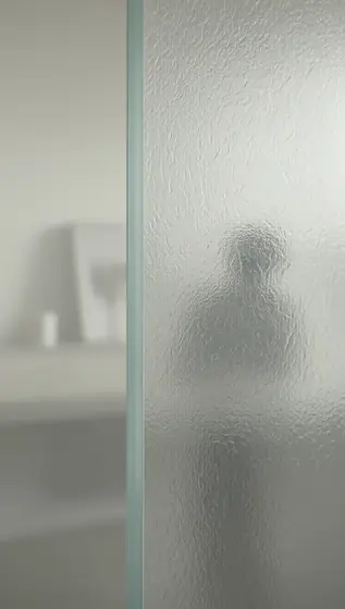 minimalist interior scene, a semi-transparent glass partition with frosted and embossed grain texture, milky white occlu