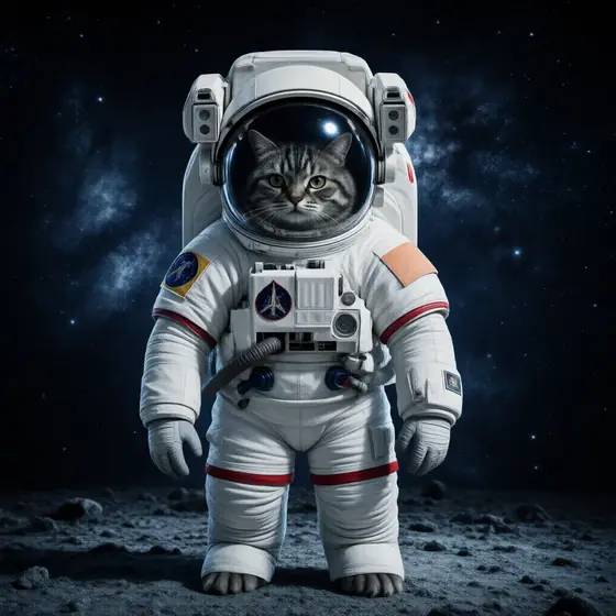 Astronaut cat standing in front of a deep space background, wearing a highly detailed white spacesuit and clear helmet, 
