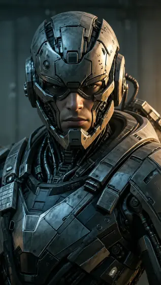 close-up cyberpunk character portrait, a futuristic warrior wearing a mechanical helmet and armored shoulder pads, upper