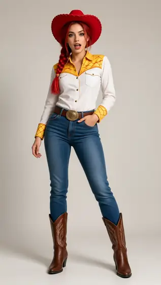ultra realistic photoshoot of a beautiful woman styled as Jessie from Toy Story, wearing red cowboy hat, white and yello