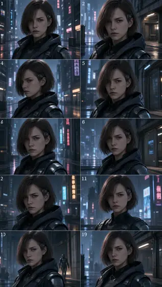 A unified sci-fi female main character across multiple scenes, short or shoulder-length hair, calm and confident express