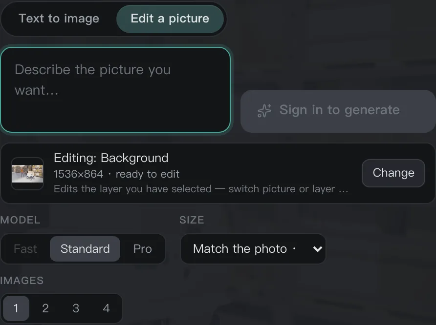 The edit composer: a 1920×1080 photo selected, the small type reading 1536×864 ready to edit while the frame cell reads 1920×1080