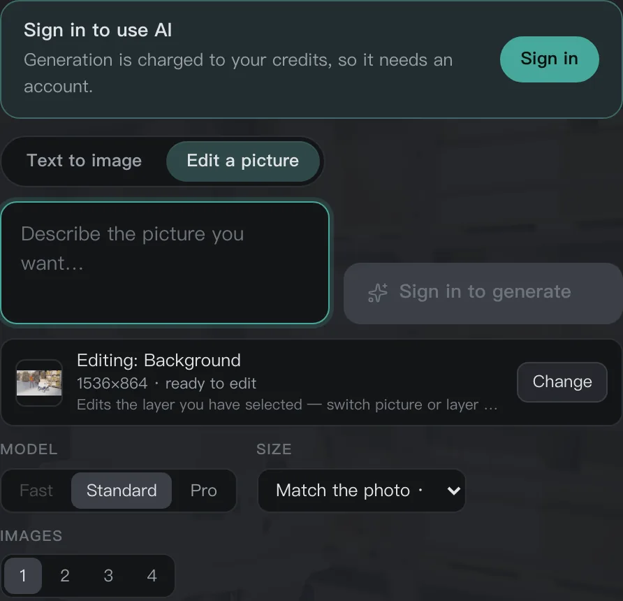 The signed-out AI composer: the send button reading sign in to generate, disabled