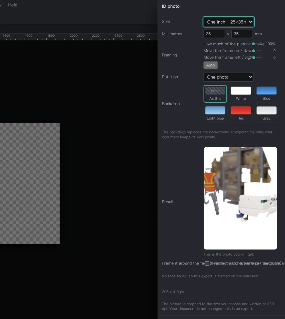 The ID-photo drawer: format, background and finished preview, whose local detector rests on one model download