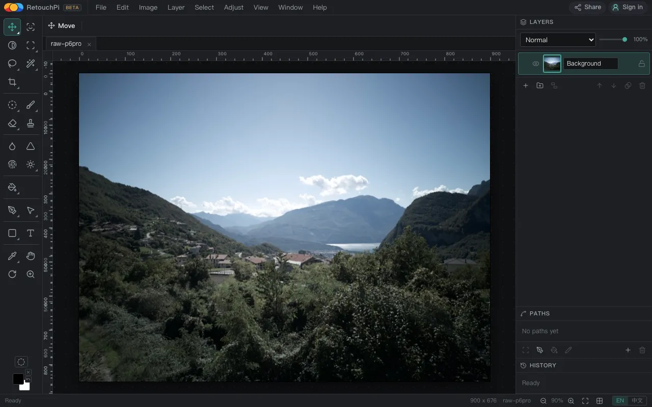 The editor across a full 1280 x 800 screen: a real photo open on the canvas, with no ad slot in the left toolbar, the right layers rail or the bottom status bar