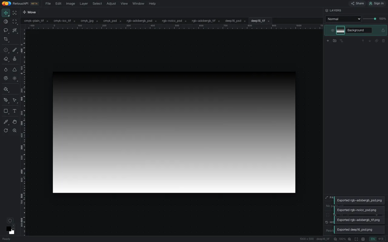 A 16-bit greyscale ramp open in the editor, nine tabs lined up, the ramp running black to white without banding