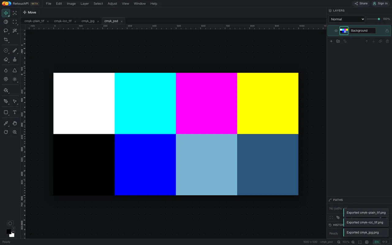 Four CMYK samples open in editor tabs, the canvas showing the eight patches after their sRGB conversion