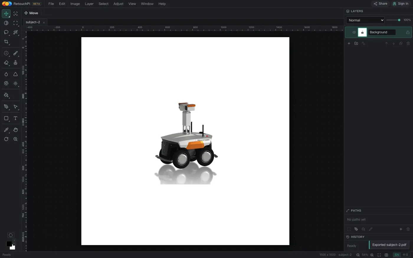 The editor with a 1500 x 1500 white-background product photo open: canvas centred, one Background row in the Layers panel, and a toast at the lower right reading Exported subject-2.pdf.