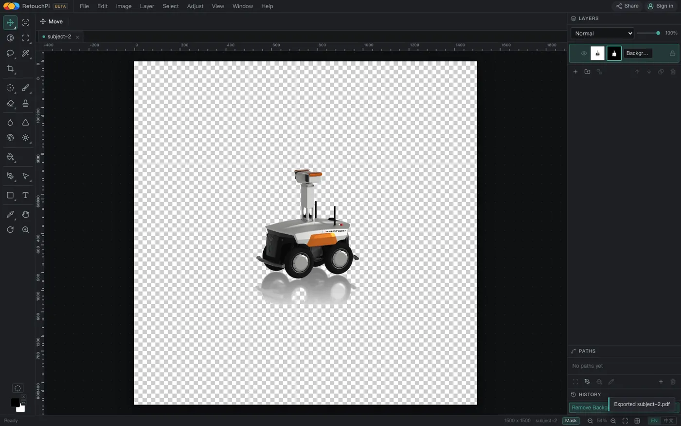 The same document after the cutout: the canvas is a checkerboard of transparency, the layer row carries an extra black-and-white mask thumbnail, and the toast reports the export.