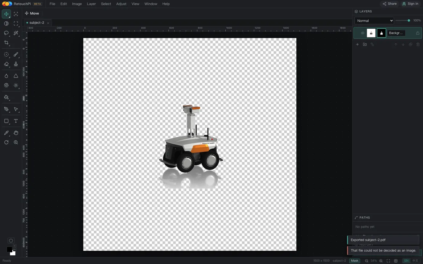 The editor after the exported PDF was handed back to the file dialog: the tab still reads subject-2, the canvas did not move, and the notice at the lower right says "That file could not be decoded as an image."