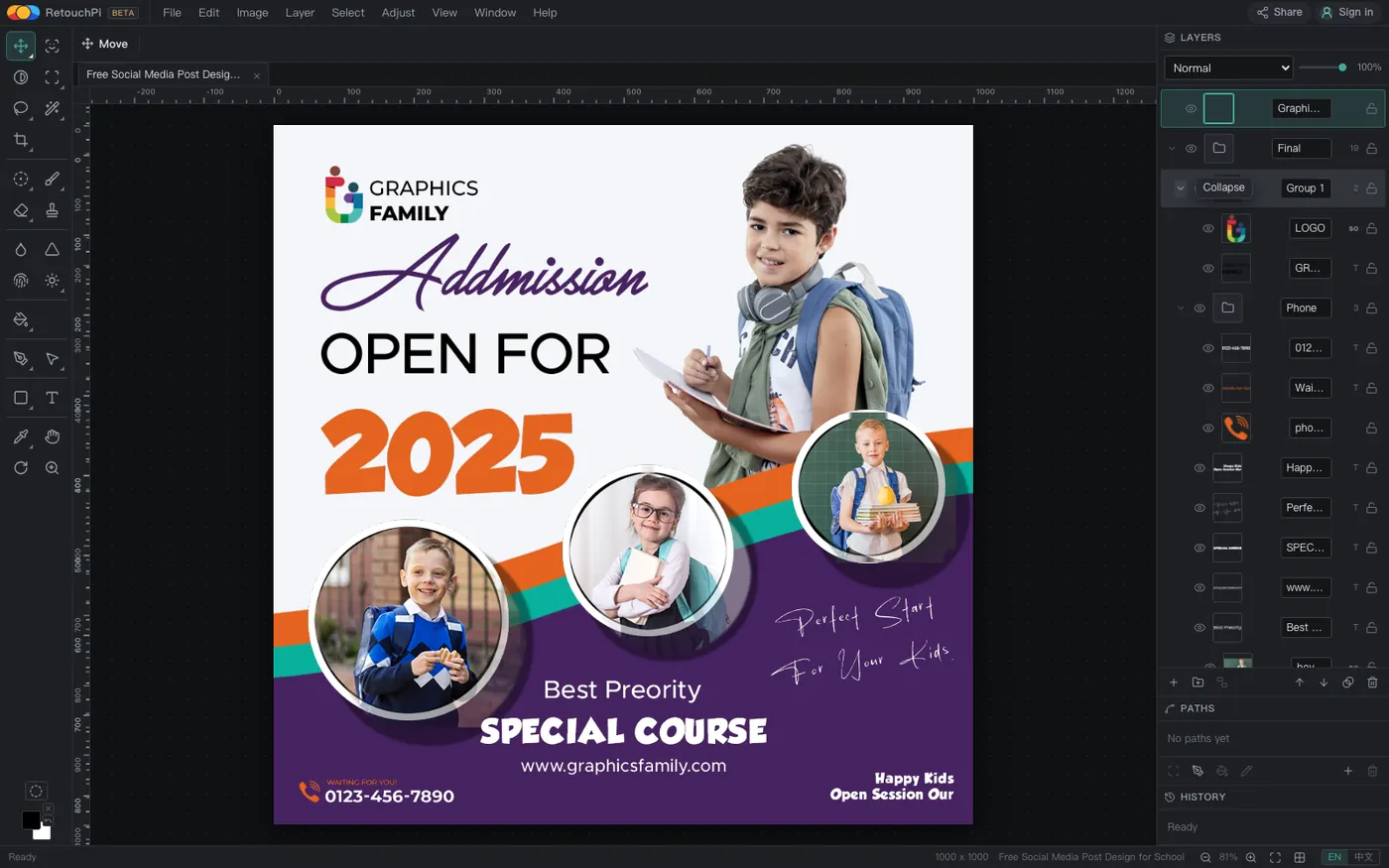 The editor with a 1000 x 1000 layered PSD open: the whole design on the canvas, and the Layers panel at the right showing folded groups above a column of layer rows.